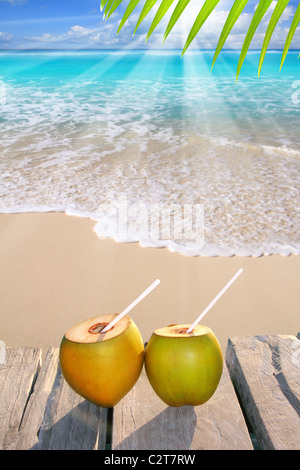 Caribbean Paradise beach coconuts cocktail palmiers Banque D'Images