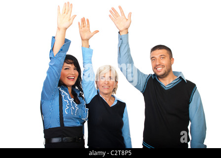 Heureux les gens rire et élever les mains isolé sur fond blanc Banque D'Images