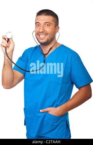 Portrait of male doctor holding stethoscope isolé sur fond blanc Banque D'Images