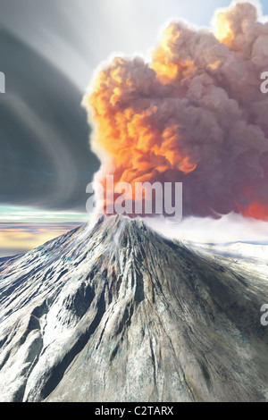 Un volcan vient à la vie avec des volutes de fumée. Banque D'Images