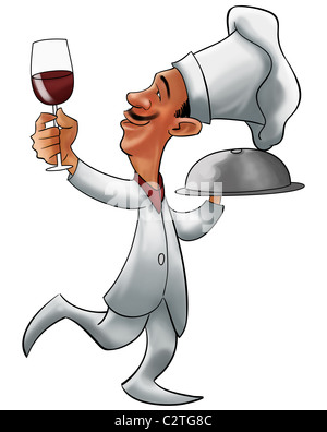 Un chef avec un verre de vin et une assiette Banque D'Images