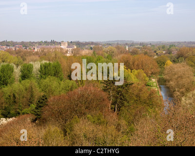 Vue de St Catherine Hill à la recherche vers la cathédrale de Winchester Hampshire England UK Banque D'Images