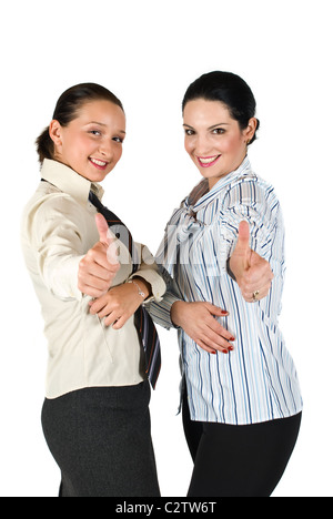 Deux belles business woman giving Thumbs up concept de partenariat réussi,isolé sur fond blanc Banque D'Images