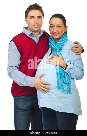 Enceintes aimant jeune couple isolé sur fond blanc Banque D'Images