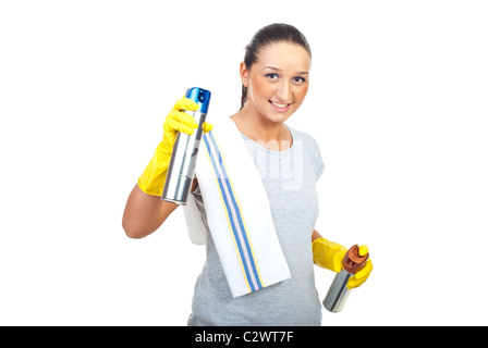 Cleaning woman holding deux récipients au dépoussiérage spray Banque D'Images