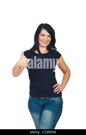 Cute model femme en blanc noir T-shirt giving Thumbs up isolé sur fond blanc Banque D'Images