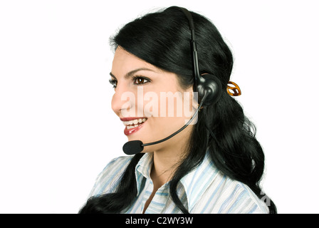 Jolie femme avec casque de l'opérateur de rire et à l'écart Banque D'Images