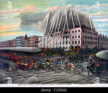 L'ancien service d'incendie de Philadelphie, un brasier. Période de 1850 Banque D'Images