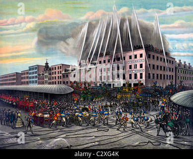 L'ancien service d'incendie de Philadelphie, un brasier. Période de 1850 Banque D'Images