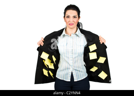 Souligné ,confus ou occupé business woman avec beaucoup d'afficher sur sa veste d'intérieur isolé sur fond blanc Banque D'Images