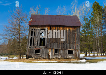 Ancienne grange à l'abandon dans les Cantons de l'Est, province de Québec, Canada. Banque D'Images