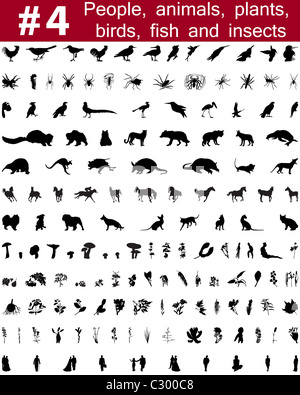 Grande collection de silhouettes vecteur collage de personnes, d'animaux, oiseaux, poissons, insectes et fleurs Banque D'Images