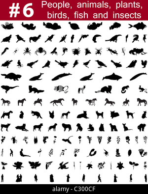 Grande collection de silhouettes vecteur collage de personnes, d'animaux, oiseaux, poissons, insectes et fleurs Banque D'Images