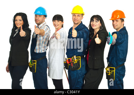 Les six personnes avec différentes carrières giving Thumbs up et debout dans une ligne isolé sur fond blanc Banque D'Images