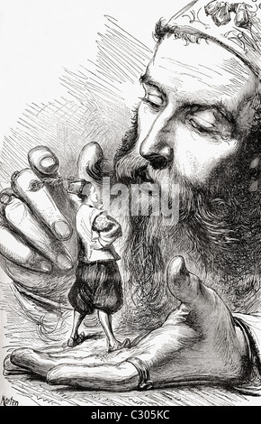 Le roi de Brobdingnag Gulliver tenant dans la paume de sa main. Illustration de Gulliver's Travels publié c.1875 Banque D'Images