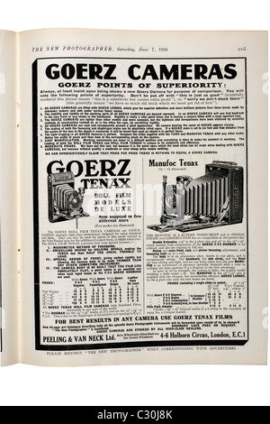 Old vintage publicité pour Goerz Caméras de l nouveau magazine photographe en date du samedi 7 juin 1924. Seulement ÉDITORIALE Banque D'Images