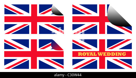 Mariage Royal étiquettes ou d'autocollants sur l'Union Jack drapeaux de l'Angleterre ou la Grande-Bretagne. Banque D'Images