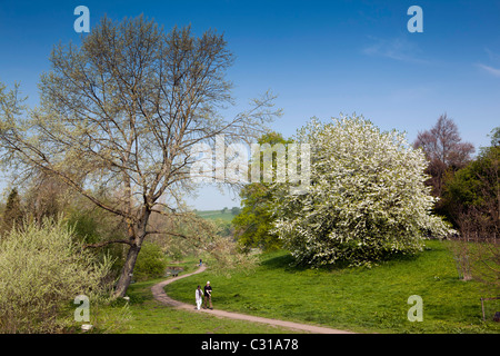 UK, Derbyshire, Peak District, Bakewell, couple en train de marcher le long du chemin de la rivière au printemps Banque D'Images