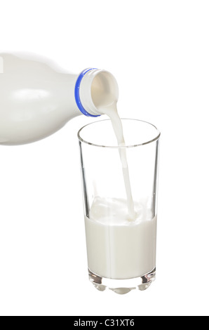 Pour verser le lait d'une bouteille dans un verre isolé sur fond blanc Banque D'Images