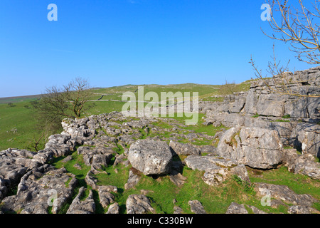 Le Pennine Way sur Malham Cove lapiez, Malham, Malhamdale, Yorkshire du Nord, Yorkshire Dales National Park, England, UK. Banque D'Images