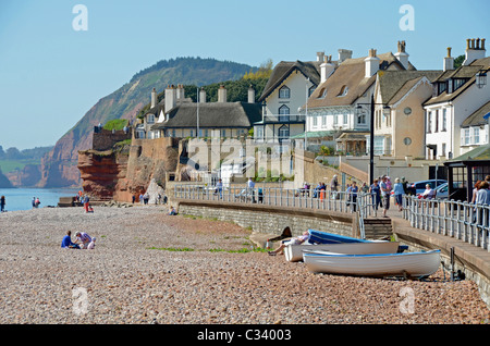 Plage et des chaumières, Greenbottom, Devon, Angleterre, Royaume-Uni Banque D'Images