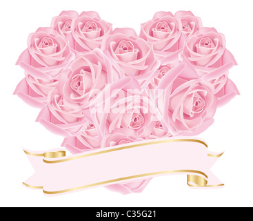 Un coeur de roses roses avec ruban - avec place pour le texte sur fond blanc Banque D'Images