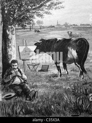 Peinture vache léchant un alors que le peintre est en train de dormir, tableau historique, à propos de 1893 Banque D'Images