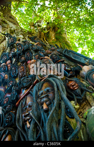 Les sculptures sur bois affiche sur un arbre à Dunn's River Falls, près de Ocho Rios, St Ann, Jamaïque Banque D'Images