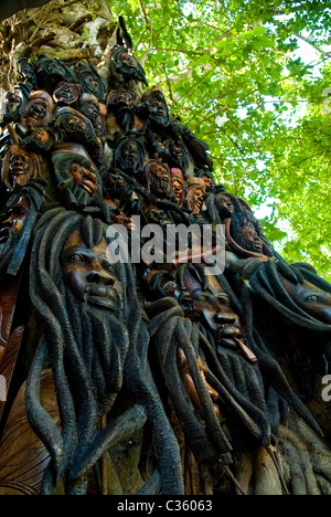 Les sculptures sur bois affiche sur un arbre à Dunn's River Falls, près de Ocho Rios, St Ann, Jamaïque Banque D'Images