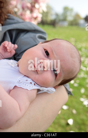 Six semaines au nouveau-né bébé femelle portant sur les mères arm. Allemagne Banque D'Images