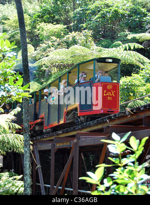 Un moteur de conduire Creek du chemin de fer de montagne à voie étroite près de la ville de Coromandel Nouvelle-zélande Banque D'Images