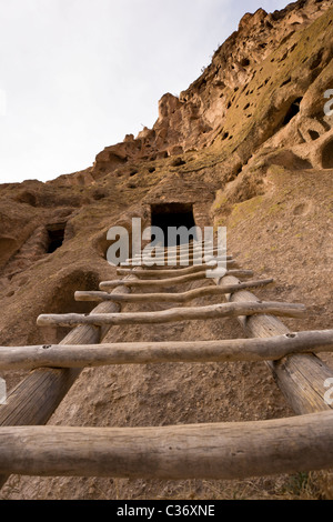 Échelle en bois menant à l'Astragale Maisons, Native American cliff en séjour à Bandelier National Monument à New Mexico, USA. Banque D'Images