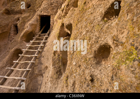 Échelle en bois menant à theTalus Maisons, Native American cliff en séjour à Bandelier National Monument à New Mexico, USA. Banque D'Images