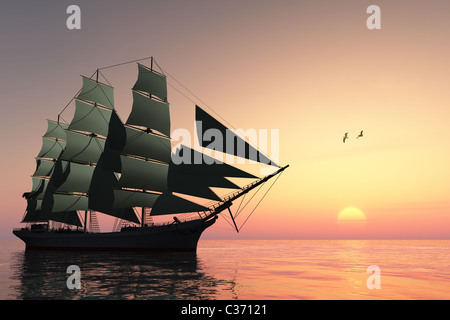 Un grand navire clipper voiles d'eau calme au coucher du soleil. Banque D'Images