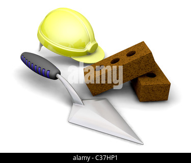 Le rendu 3D de briques, truelle et hard hat Banque D'Images