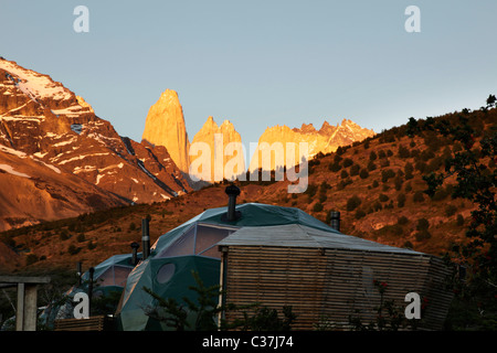 Vues d'Eco Camp à Torres del Paine, Patagonie, Chili, Amérique du Sud. Banque D'Images