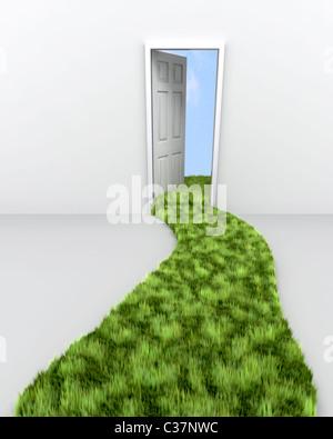 3D render of grass chemin menant vers la porte aux nuages Banque D'Images