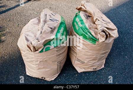 Deux sacs de matières compostables déchets de jardin mis à la collecte de la chaussée Banque D'Images