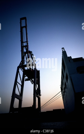 COSCO navire marchand à HHLA Tollerort Terminal à conteneurs du port de Hambourg au crépuscule. Banque D'Images