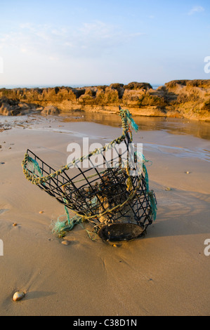 A Broken Lobster Pot échoué sur une plage de sable à Hastings, East Sussex, UK Banque D'Images