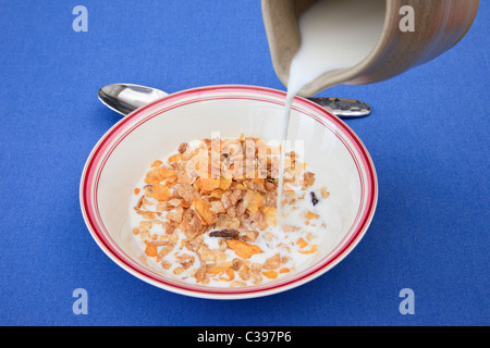 Verser le lait d'une cruche sur un bol de céréales pour petit déjeuner à partir de ci-dessus. England UK Banque D'Images