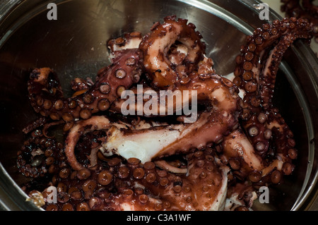Couper le poulpe prêt à être cuit dans une casserole Banque D'Images