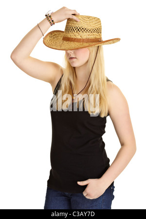 Jeune fille pâle dans old-fashioned straw hat isolated on white Banque D'Images