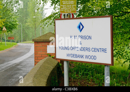 Enseigne à l'extérieur d'Hydebank Wood à l'entrée du Centre pour jeunes délinquants, Belfast Banque D'Images