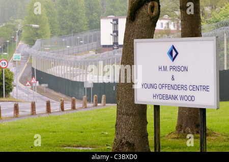 Enseigne à l'extérieur d'Hydebank Wood à l'entrée du Centre pour jeunes délinquants, Belfast Banque D'Images