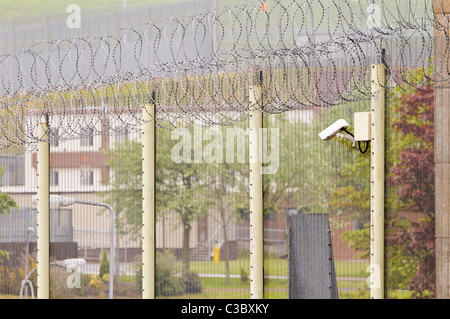 Clôture de la prison avec câble spiralé barbelés et caméras de surveillance Banque D'Images