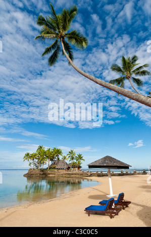 Plage, palmiers et Wicked Walu Restaurant de l'hôtel Warwick Fiji Resort & Spa, la Côte de Corail, l'île de Viti Levu, Fidji. Banque D'Images