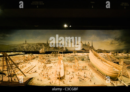 La peinture dans le musée Vasa sur Djurgården montrant la construction du Vasa-phare en 1628. Banque D'Images