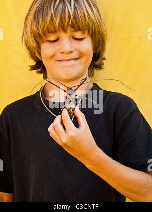 Boy holding arlequins beetle , Mexique Banque D'Images