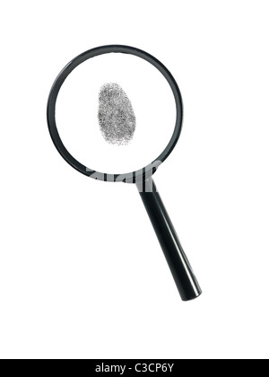 Une loupe et l'impression de doigt isolé sur fond blanc Banque D'Images